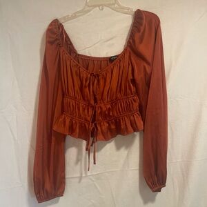 Mixed Threads Rust Satin Ruched Tie Front Crop Blouse